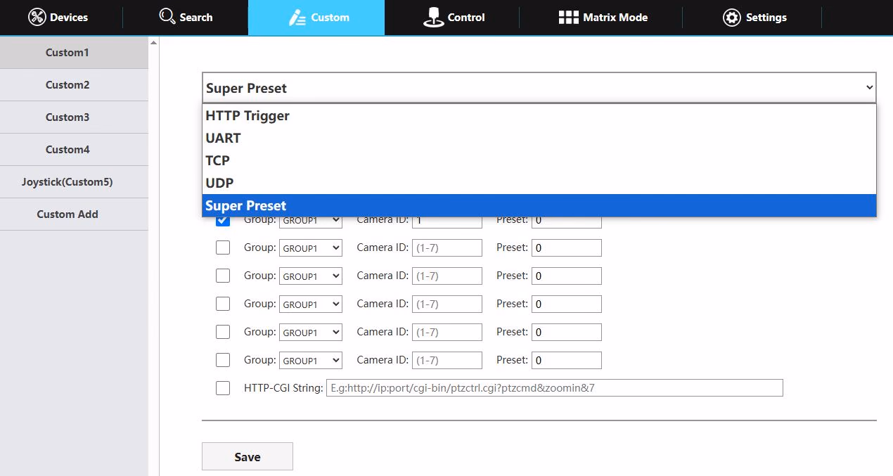 Screenshot of the joystick's web UI. The mouse clicks and hovers over the superper preset option from the drop down tab found on the custom page.