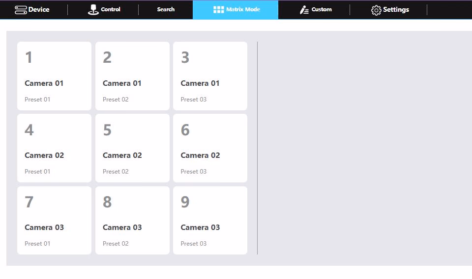 Screenshot of the joystick's matrix mode tab. A 3 by 3 grid. Row 1 equals camera 1 and it's presets 1, 2, and 3. Row 2 equals camera 2 and it's presets 1, 2, and 3. Row 3 equals camera 3 and it's presets 1, 2, and 3.
