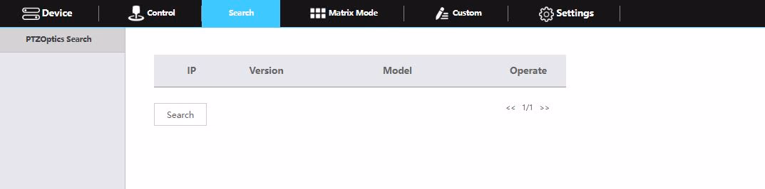 Screenshot of the PTZOptics search function. This will look for all PTZOptics cameras available to connect to the joystick.