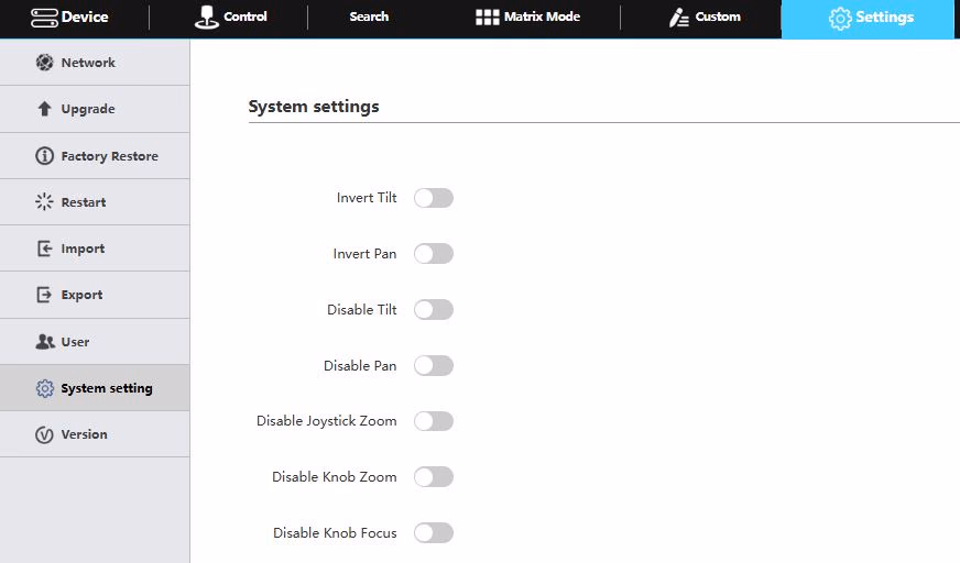 Image of the system settings menu