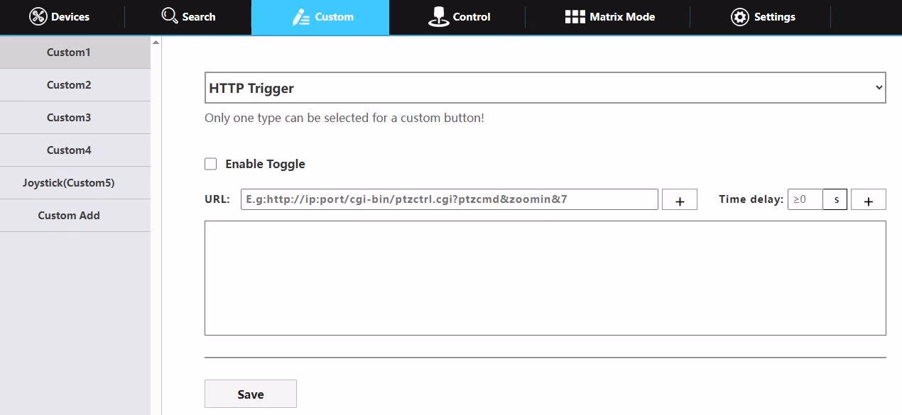 Screenshot of the joystick's web UI. The mouse clicks and hovers over the HTTP Trigger option from the drop down tab found on the custom page.
