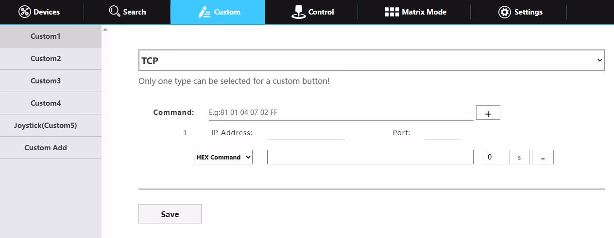 Screenshot of the joystick's web UI. The mouse clicks and hovers over the TCP option from the drop down tab found on the custom page.