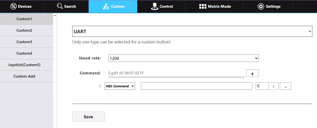 Screenshot of the joystick's web UI. The mouse clicks and hovers over the UART option from the drop down tab found on the custom page.