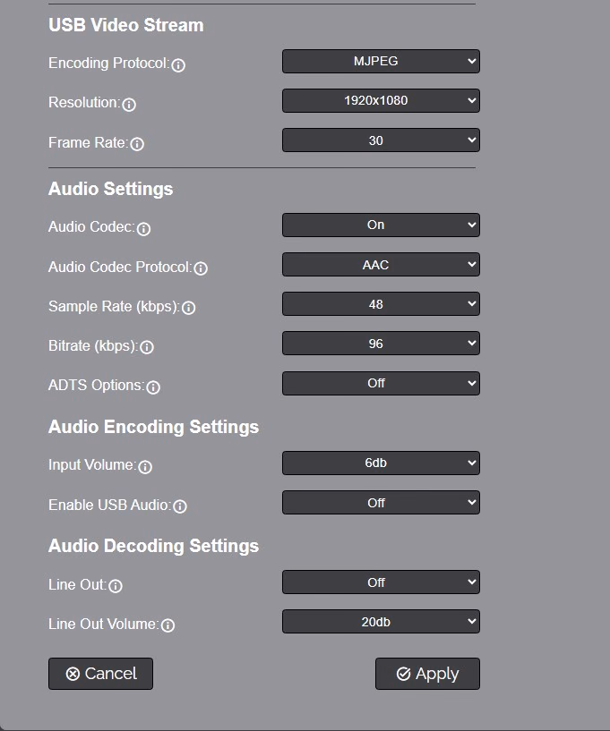 Screenshot of the audio and video encoding settings