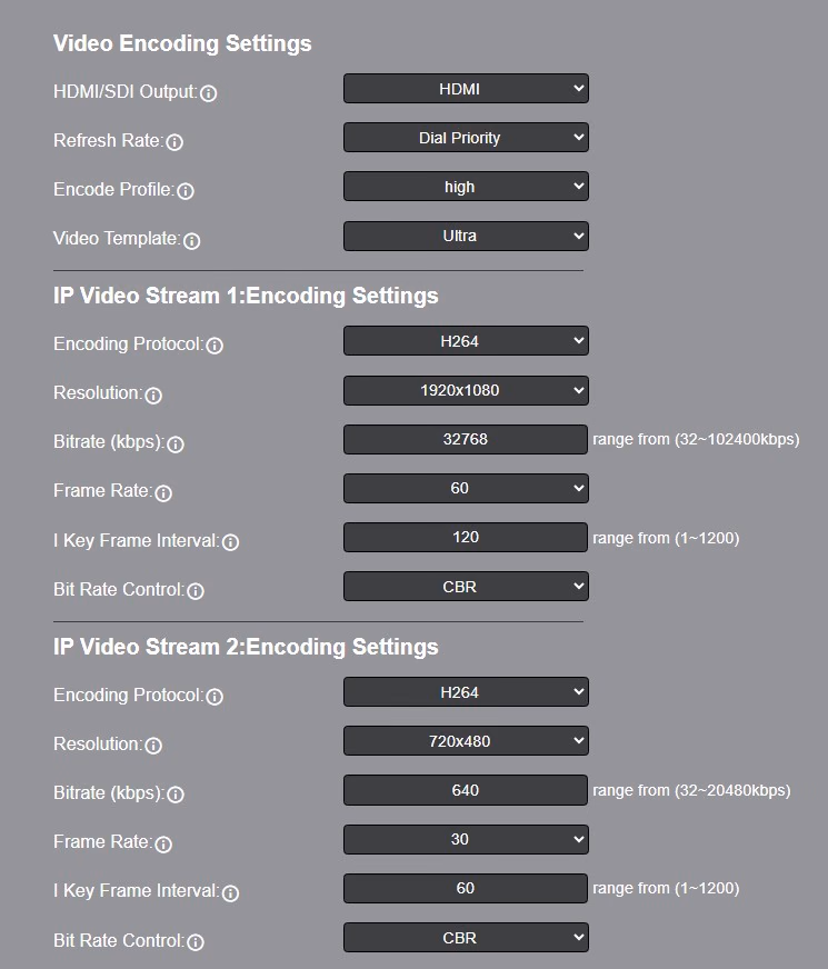 Screenshot of the audio and video encoding settings