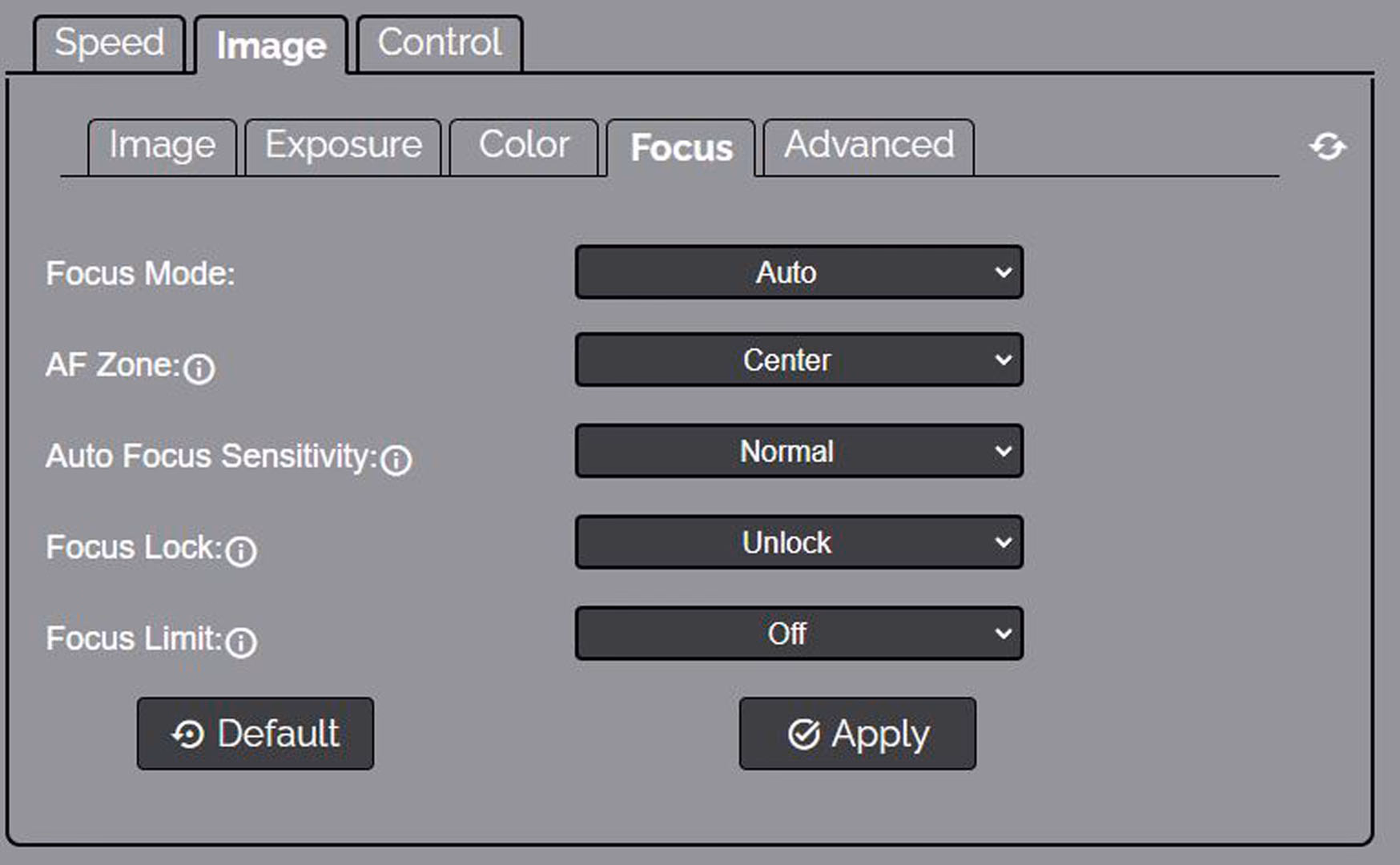 Image of the focus settings menu