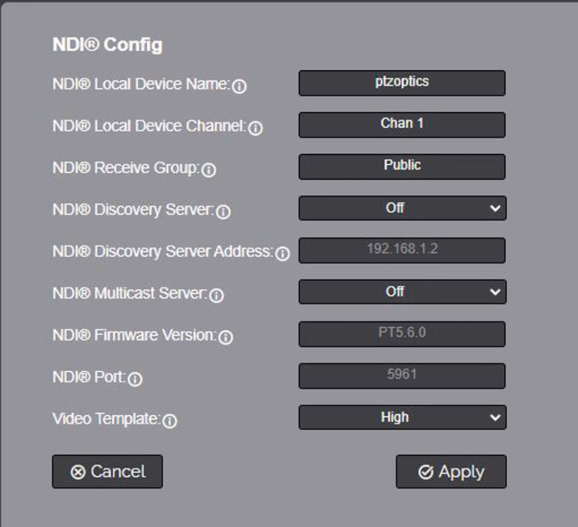 Image of the NDI configuration menu