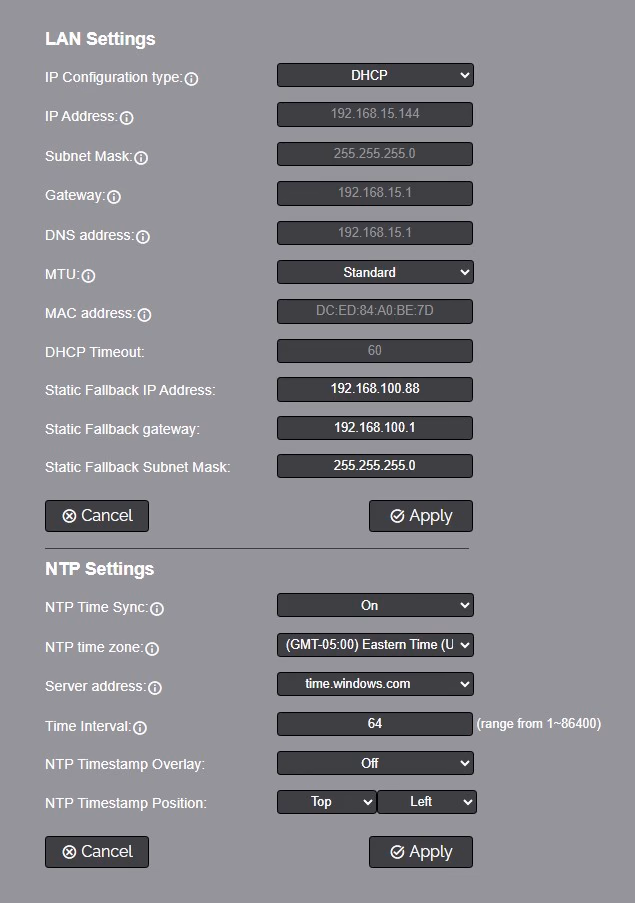 Image of the network settings menu