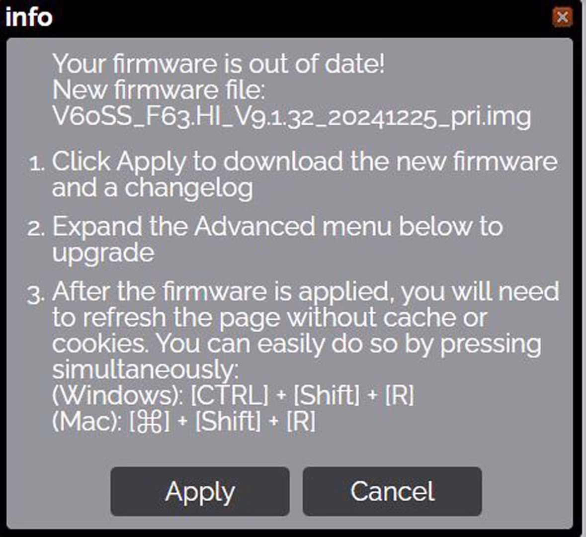 Image of out of date firmware notification