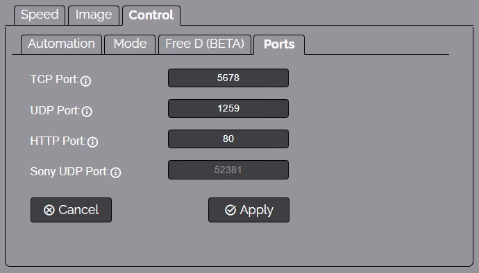 Image of the control menu ports tab