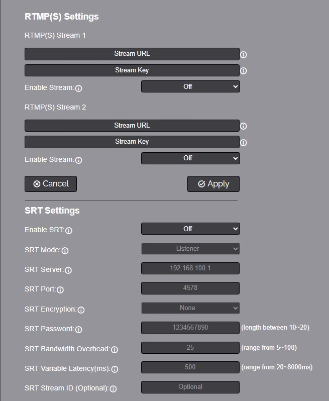 Image of the streaming RTMP settings
