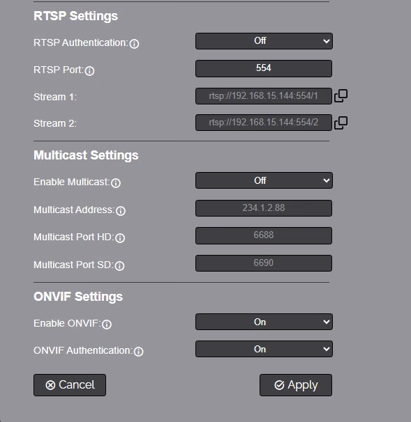 Image of the streaming RTSP settings
