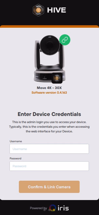 Image of Hive Studio enter camera credentials prompt